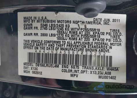 2011 Mitsubishi Endeavor Se from USA, damaged, VIN 4A4JN3AS6BE033252